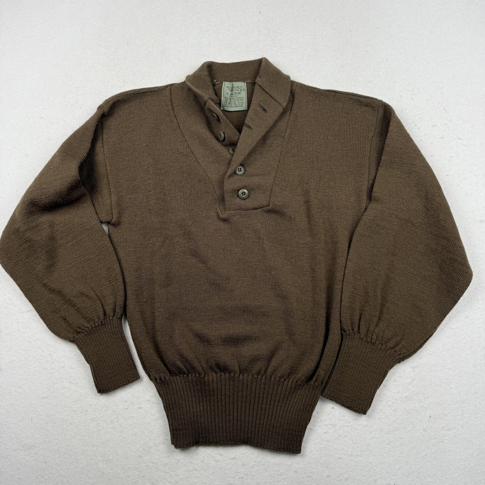 Vintage US Army Sweater Mens Medium Olive Drab Wool Shawl Collar 3 Button 80s